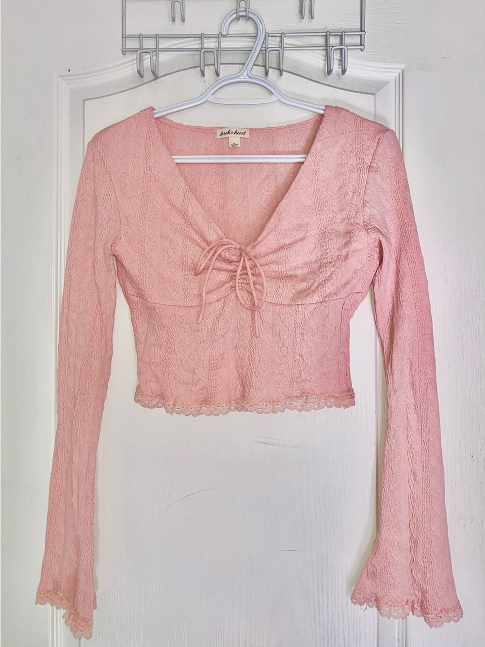 Derek Heart Blush Pink Lace Tie-Front Long Sleeve Crop Top